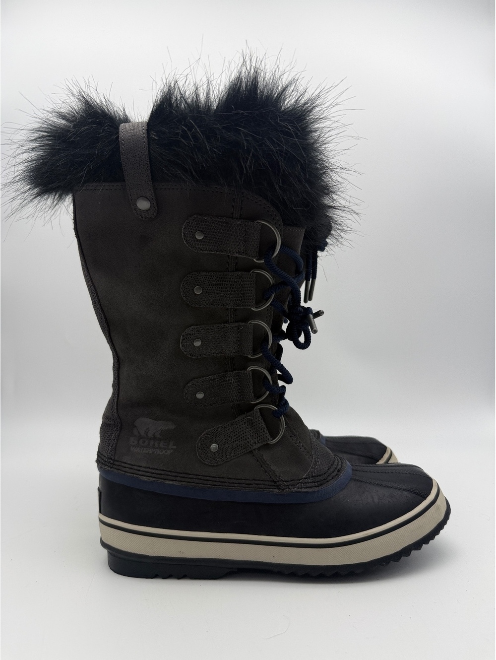 Sorel Joan of Arctic Grey Quarry Faux Fur Waterproof Winter Boots Size 8.5